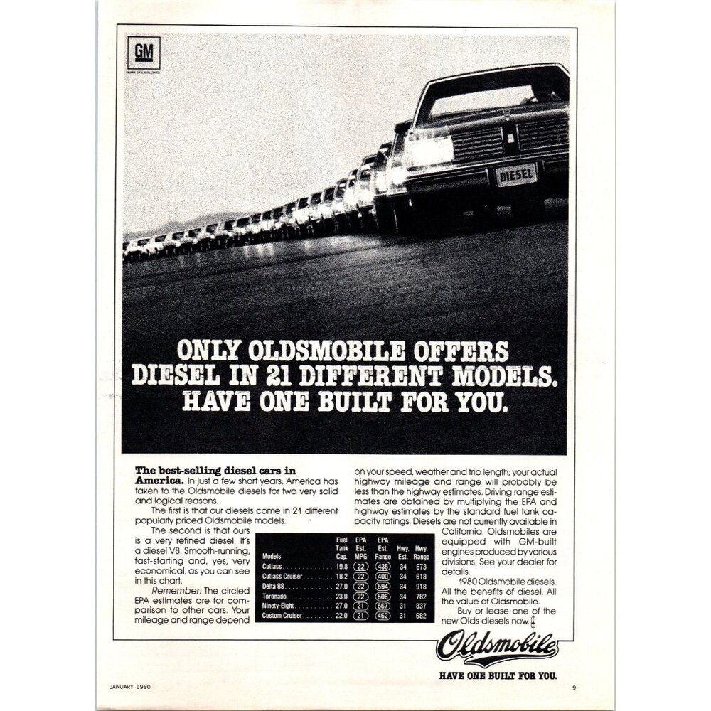 1980 Oldsmobile Diesel Car Lineup Fuel Crisis Vintage Print Ad Cutlass Wall Art